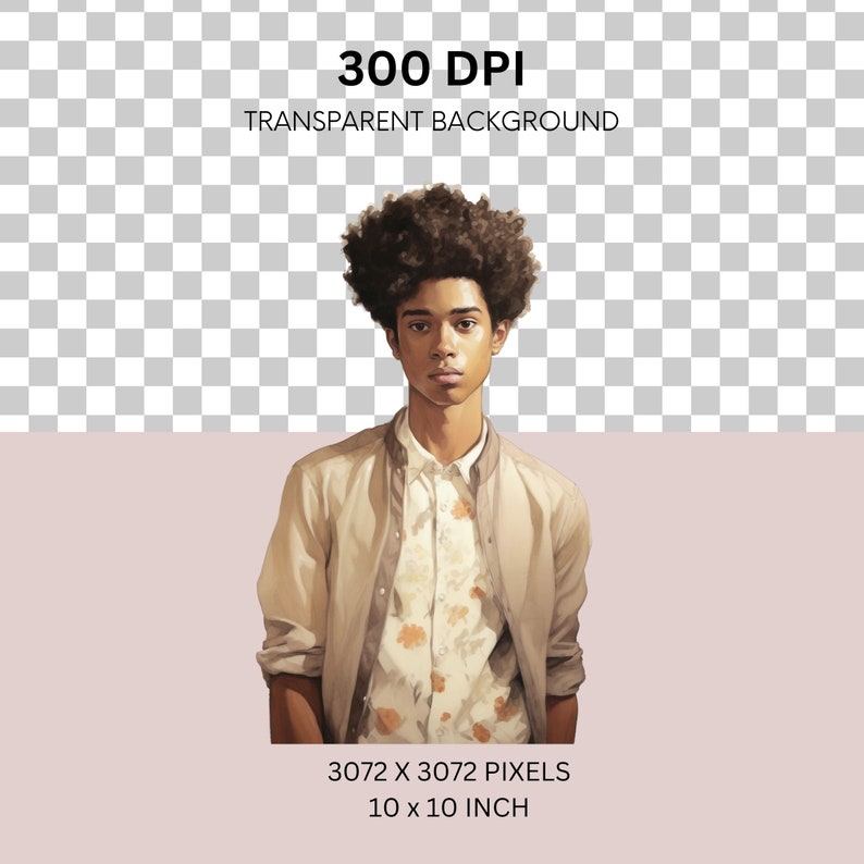 May include: A portrait of a person with dark brown skin and short, curly, dark brown hair. They are wearing a beige jacket over a white shirt with a floral pattern. The background is a light pink color.