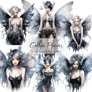 Puede incluir: Doce ilustraciones digitales de hadas góticas con alas azules y ropa negra. Las hadas tienen el pelo largo y oscuro y se representan en varias poses. El fondo es blanco.