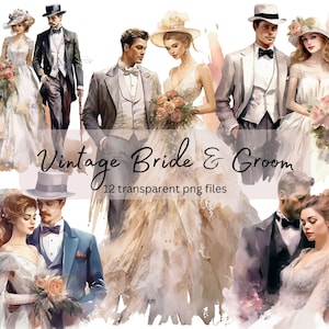 Pacote de clipart aquarela vintage noiva noivo, PNG transparente, clipart de casal de casamento, download digital, criação de cartão de álbum de recortes, uso comercial