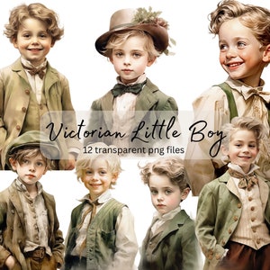 Pacote de clipart em aquarela de garotinho vintage vitoriano, PNG transparente, download digital, criação de cartão, álbum de recortes, diário de lixo, uso comercial