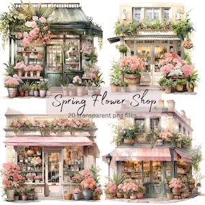 Paquete de imágenes prediseñadas de acuarela de Spring Flower Shop, PNG transparente, descarga instantánea, tarjeta de álbum de recortes haciendo diario basura de papercraft, uso comercial