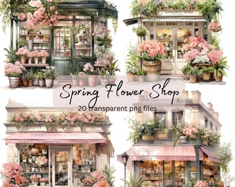 Spring Flower Shop Watercolor Clipart Bundle, Transparent PNG,Instant Download,Scrapbook Card Making Papercraft Junk Journal, Commercial Use