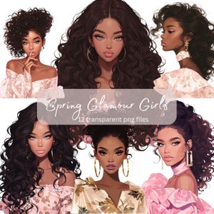 Spring Glamour Black Girl Clipart Bundle, PNG transparente, Descarga digital, Mujer que hace tarjetas, Ilustración de moda de dama, Uso comercial