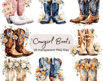Cowgirl Boots Watercolor Clipart Bundle, Transparent PNG, Digital Download, Western Country Card Making, Junk Journaling, Commercial Use