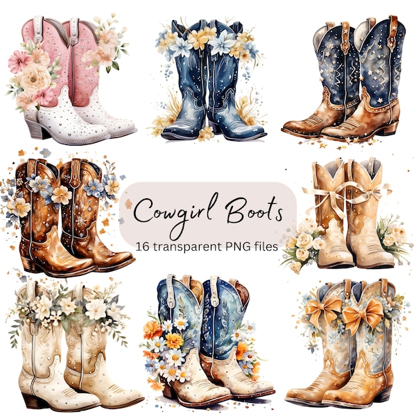 Cowgirl Boots Watercolor Clipart Bundle, Transparent PNG, Digital Download, Western Country Card Making, Junk Journaling, Commercial Use