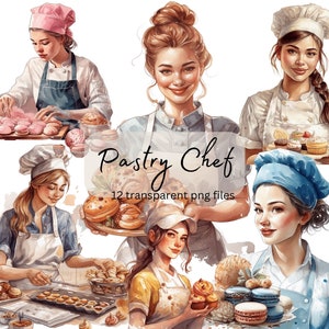Puede incluir: Un conjunto de 12 ilustraciones digitales que muestran a chefs pasteleros en varias poses. Las ilustraciones est&aacute;n en estilo acuarela y presentan una variedad de pasteles, incluyendo cupcakes, galletas y croissants. El texto "Pastry Chef" y "12 archivos png transparentes" est&aacute; incluido en la imagen.