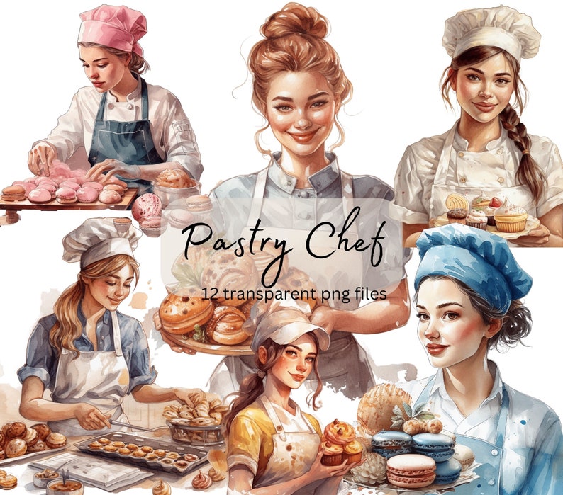 Puede incluir: Un conjunto de 12 ilustraciones digitales que muestran a chefs pasteleros en varias poses. Las ilustraciones est&aacute;n en estilo acuarela y presentan una variedad de pasteles, incluyendo cupcakes, galletas y croissants. El texto "Pastry Chef" y "12 archivos png transparentes" est&aacute; incluido en la imagen.