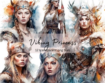 Wikinger Prinzessin Aquarell Clipart Bundle, transparent PNG, hübsche Mädchen Clipart, Fantasy Illustration, Papier Handwerk, Junk Journal Scrapbooking