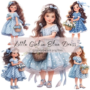 Blue Flower Girls Watercolor Clipart Bundle, Transparent PNG, Digital Download, Card Making, Junk Journal, Cute Illustration, Commercial Use