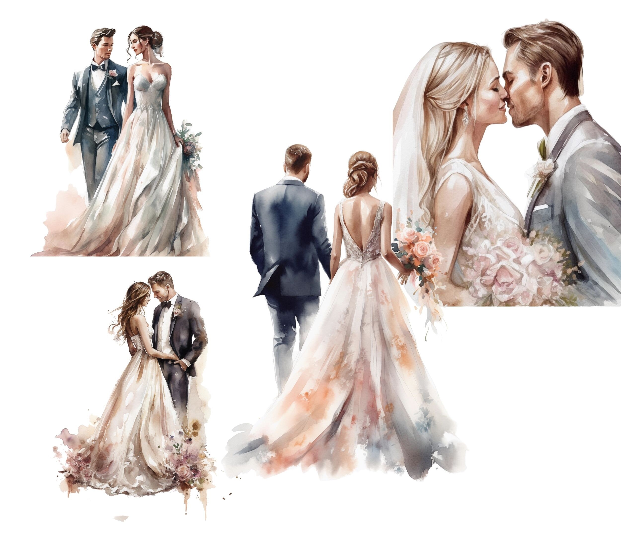 Bride and Groom Watercolor Clipart Bundle, Transparent PNG, Wedding ...