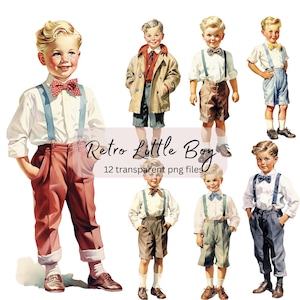 Retro Little Boy Watercolor Clipart Bundle, transparent PNG, Vintage Cute Boy Clipart, Sublimation, Paper craft, Junk Journal Scrapbooking