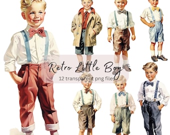 Retro Little Boy Watercolor Clipart Bundle, transparent PNG, Vintage Cute Boy Clipart, Sublimation, Paper craft, Junk Journal Scrapbooking
