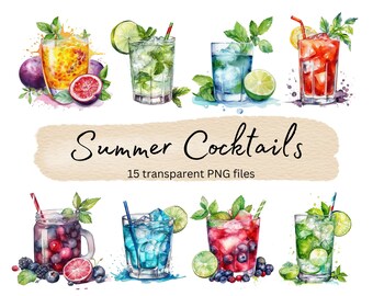 Watercolor Cocktails Clipart, Transparent PNG, Summer Party Cocktails, Alcohol Drinks Clipart, Kitchen Art, Clipart Bundle, Commercial Use