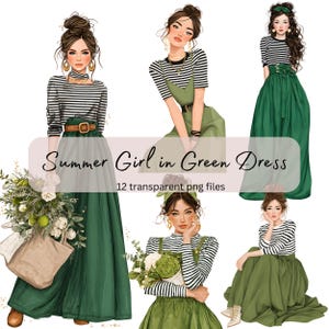 Clipart aquarelle fille d'été, robe verte, PNG Transparent, téléchargement numérique, fabrication de cartes, Illustration Anime de mode, usage Commercial