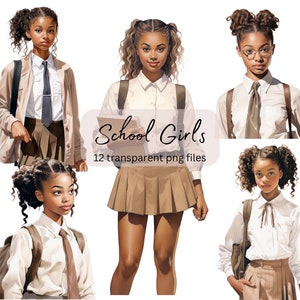 Uniform School Girl Watercolor Clipart Bundle, transparent PNG, Cute Girls Clipart,Student Sublimation,Paper craft,Junk Journal Scrapbooking