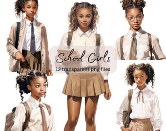 Uniform School Girl Watercolor Clipart Bundle, transparent PNG, Cute Girls Clipart,Student Sublimation,Paper craft,Junk Journal Scrapbooking