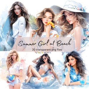 Pacote de clipart de aquarela de garota de verão na praia, PNG transparente, garota bonita de férias, criação de cartões, álbum de recortes, diário indesejado, uso comercial