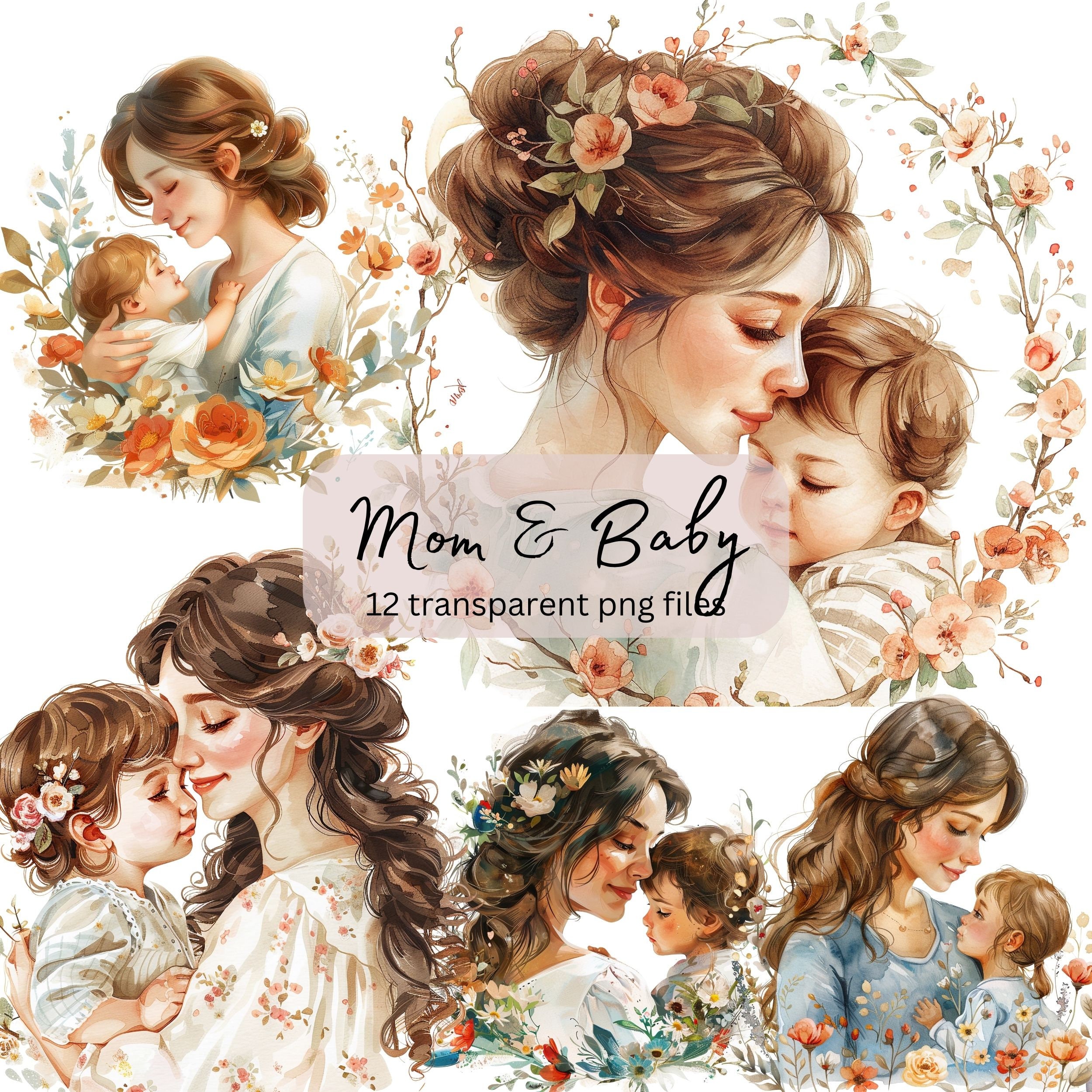 Mom and Baby Watercolor Clipart Bundle, Transparent PNG, Digital ...
