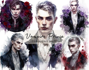 Vampire Prince Watercolor Clipart Bundle, transparent PNG,  Gothic Clipart, Fantasy illustration, Paper craft, Junk Journal Scrapbooking
