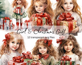 Christmas Little Girls Watercolor Clipart Bundle, transparent PNG, Cute Girls Clipart, Sublimation, Paper craft, Junk Journal Scrapbooking
