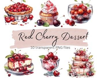 Red Cherry Dessert Clipart Bundle, Transparent PNG, Summer clipart, Digital Download, Watercolor Clipart, Card Making, Commercial Use