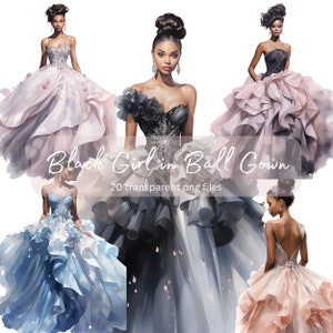 Fille noire en robe de bal Aquarelle Clipart Bundle, PNG transparent, Téléchargement numérique, Fabrication de cartes de mode, Illustration de modèle, Utilisation commerciale