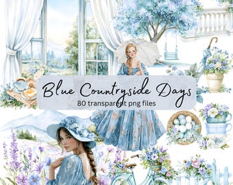 Blue Countryside Days, Cozy Summer Watercolor Clipart Bundle, Transparent PNG, Digital Download, Card Making Scrapbooking, Cottagecore