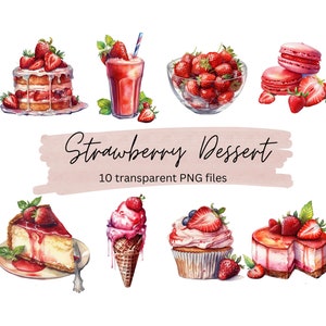 Fraise Dessert Clipart Bundle, PNG Transparent, été clipart, téléchargement numérique, aquarelle nourriture Clipart, fabrication de cartes, usage Commercial