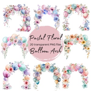 Puede incluir: Un conjunto de 20 ilustraciones digitales de arcos de globos florales pastel. Los arcos están hechos de globos y flores pintados con acuarela en tonos de rosa, azul, amarillo y verde. Las ilustraciones son perfectas para crear invitaciones, decoraciones de fiesta u otros proyectos digitales.
