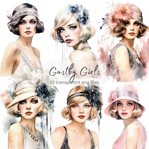 Gatsby Lady Watercolor Clipart Bundle, PNG trasparente, Bella ragazza retrò vintage, Mestiere di carta, Scrapbooking del diario spazzatura, Uso commerciale