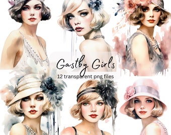 Gatsby Lady Watercolor Clipart Bundle, transparent PNG, Pretty girl retro vintage, Paper craft, Junk Journal Scrapbooking, Commercial Use