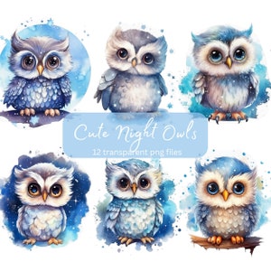 Hiboux de nuit aquarelle Clipart, PNG Transparent, téléchargement numérique, carterie Scrapbook, mignon Animal clipart Illustration, usage Commercial