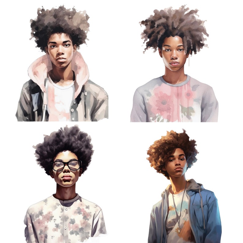 May include: Four portraits of young men with different hairstyles and clothing. The men are wearing a variety of clothing, including a jacket, a floral shirt, a floral shirt, and a blue jacket.