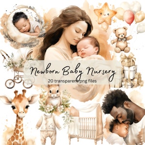 Newborn Baby Nursery Clipart Watercolor Bundle, Transparent PNG, baby shower, Digital Download, Card Making Scrapbooking, Commercial Use