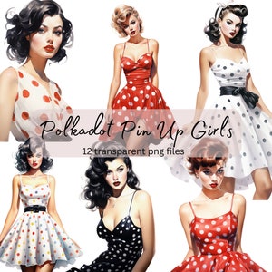 Op de afbeelding: Twaalf digitale illustraties van vrouwen in vintage pin-up-stijl jurken met stippen. De vrouwen hebben verschillende kapsels en dragen jurken in rood, wit en zwart met witte stippen.