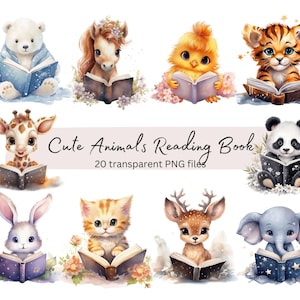 Niedliche Tiere lesen Buch Aquarell Clipart, transparentes PNG, digitaler Download, Karten machen Scrapbook, Kinderzimmer Illustration, kommerzielle Nutzung
