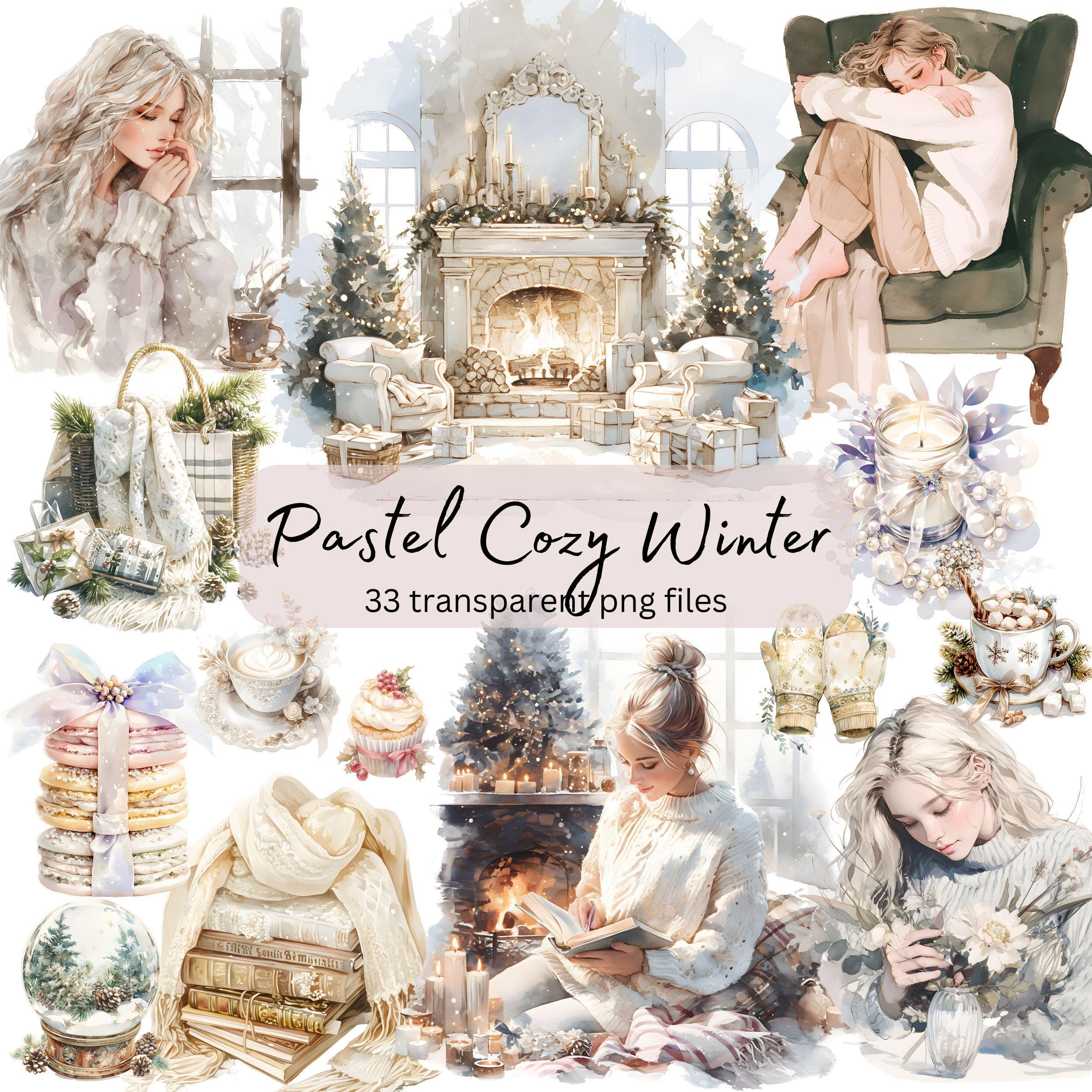 Pastell gemütliche Winter Aquarell Clipart, Cottagecore Bücherwurm, transparente PNG, digitaler Download, Kartenherstellung Scrapbooking, Junk Journal, Planer