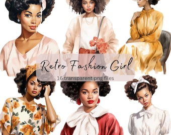 Op de afbeelding: Digitale illustratie van zes vrouwen met retro kapsels en kleding. De vrouwen dragen verschillende outfits, waaronder een bloezen met bloemenprint, een rode jurk, een witte blouse en een gele jurk. De illustratie is in aquarelstijl en heeft een vintage esthetiek.