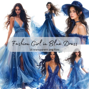 Chica con vestido azul paquete de imágenes prediseñadas de acuarela, PNG transparente, descarga digital, moda de chica bonita, fabricación de tarjetas, artesanía en papel, diario basura