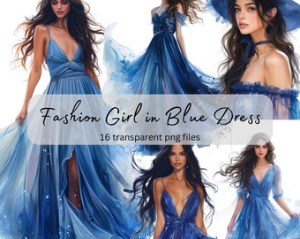 Girl in Blue Dress Watercolor Clipart Bundle, Transparent PNG, Digital Download, Pretty Girl Fashion, Card Making, Papercraft, Junk Journal