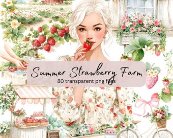 Summer Strawberry Farm, Cozy Summer Watercolor Clipart Bundle, Transparent PNG, Digital Download, Card Making Scrapbooking, Cottagecore