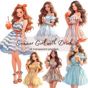 Sommer Mädchen und trinken Aquarell Clipart Bundle, transparente PNG, digitaler Download, hübsches Mädchen Mode Kartenherstellung, Papercraft, Junk Journal