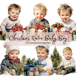Christmas Retro Baby Gift Watercolor Clipart Bundle, transparent PNG, Cute Boys Clipart, Sublimation, Paper craft, Junk Journal Scrapbooking