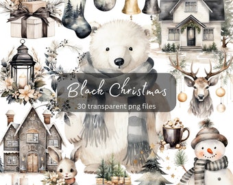 Paquete de acuarela de imágenes prediseñadas de Navidad negra, PNG transparente, imágenes prediseñadas de vacaciones de invierno, descarga digital, fabricación de tarjetas Scrapbooking, uso comercial