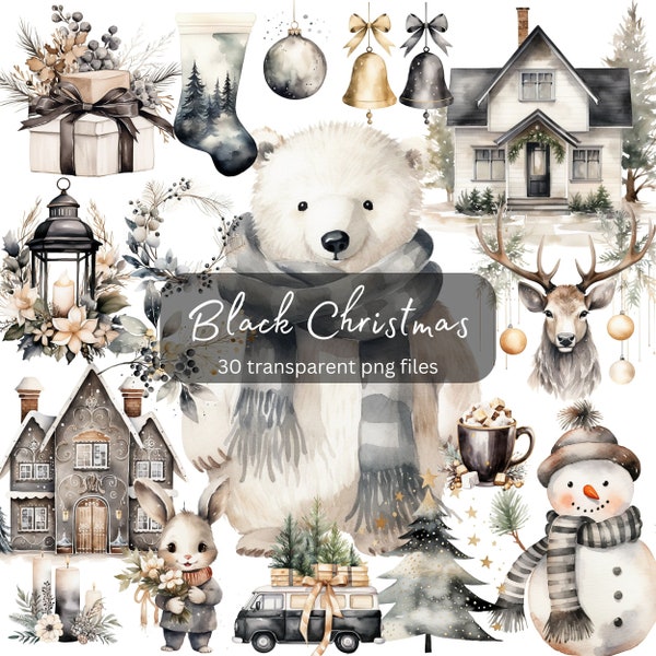 Black Christmas Clipart aquarel bundel, transparante PNG, wintervakantie clipart, digitale download, kaart maken scrapbooking, commercieel gebruik