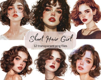Short Hair Girls Watercolor Clipart Bundle, Transparent PNG, Digital Download, Fashion People Card Making, Model Illustration,Commercial Use