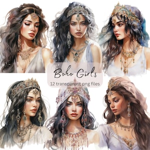 Boho Girl Aquarelle Clipart Bundle, PNG transparent, Téléchargement numérique, Fabrication de cartes, Papecraft, Illustration de mode jolie fille, Utilisation commerciale