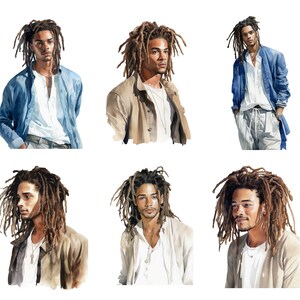 May include: Watercolor illustrations of a person with long, brown dreadlocks. The person is depicted in various poses, wearing a white shirt, blue shirt, and tan jacket. The art style is soft and detailed, with a focus on the person's expression and clothing.