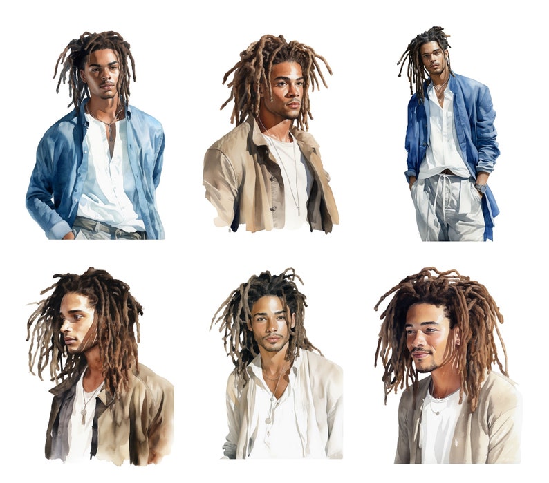May include: Watercolor illustrations of a person with long, brown dreadlocks. The person is depicted in various poses, wearing a white shirt, blue shirt, and tan jacket. The art style is soft and detailed, with a focus on the person's expression and clothing.