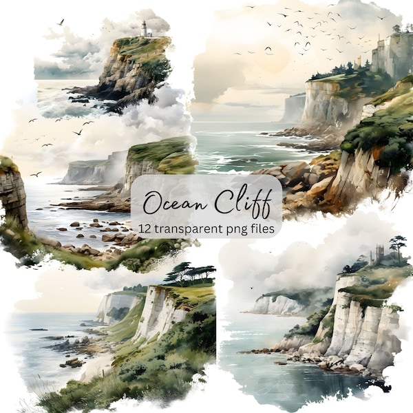 Ocean Cliff Watercolor Clipart Bundle, Transparent PNG, Landscape Card Making, Instant Download, Scrapbook Junk Journal, Commercial Use